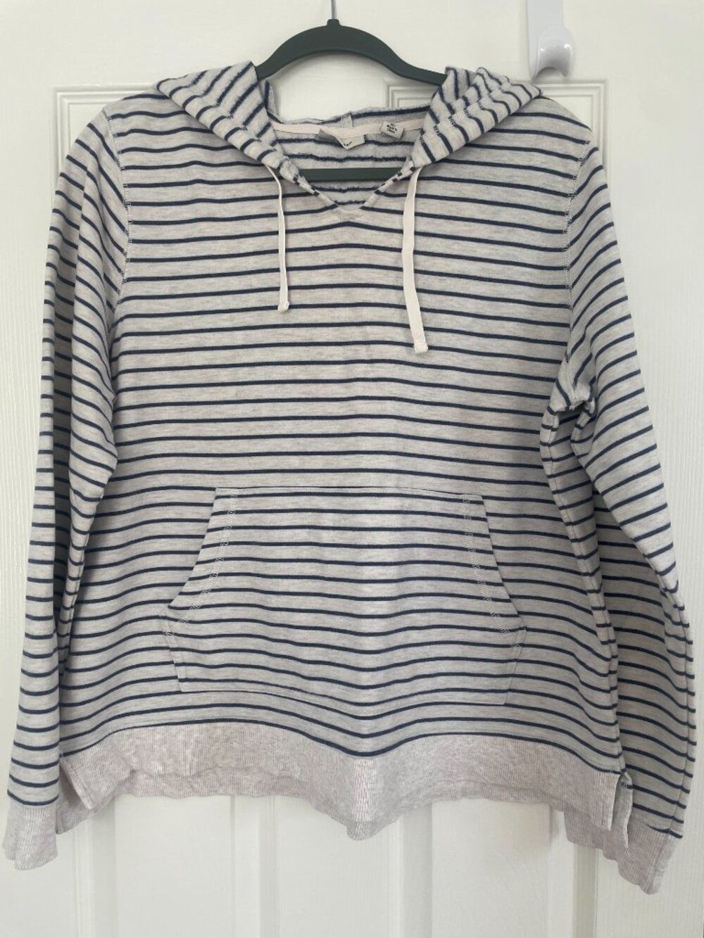 L.L. Bean hoodie sweatshirt, navy blue and grey stripe, Women’s L